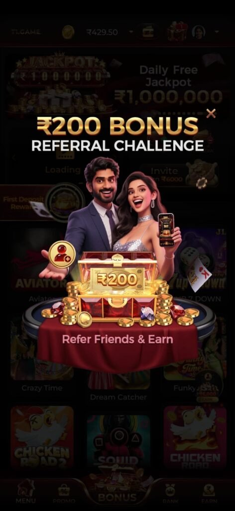 Glossy red T1 Game logo with gold outline and dark casino background